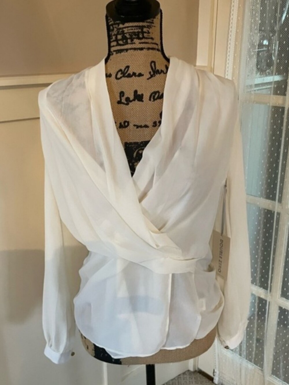 Cream Sheered Long Sleeve Classic Wrap Blouse Size Medium
